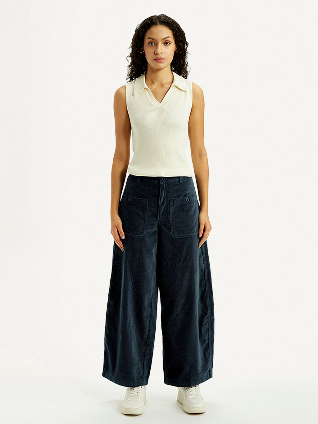 Women's Navy Blue Barrel Loose Fit Mid Rise Trousers