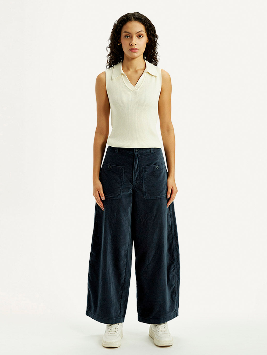Women's Navy Blue Barrel Loose Fit Mid Rise Trousers