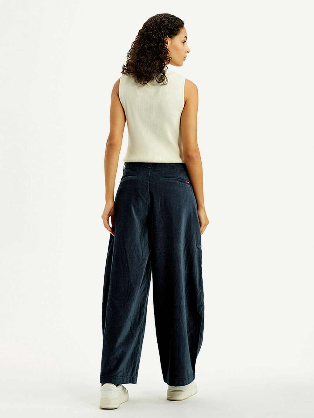 Women's Navy Blue Barrel Loose Fit Mid Rise Trousers