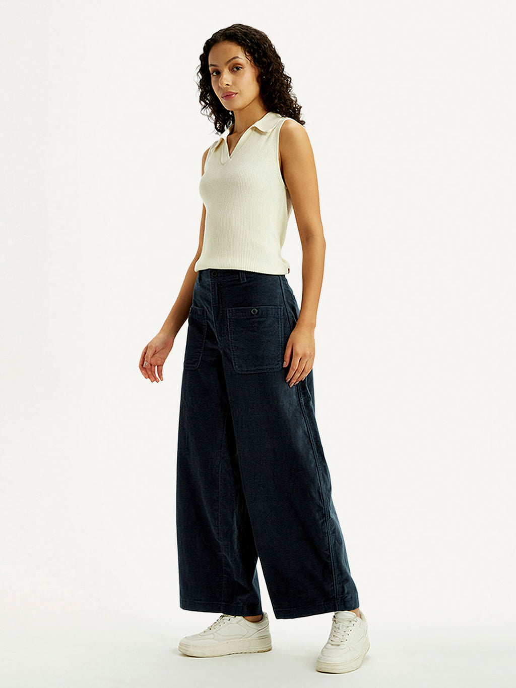 Women's Navy Blue Barrel Loose Fit Mid Rise Trousers