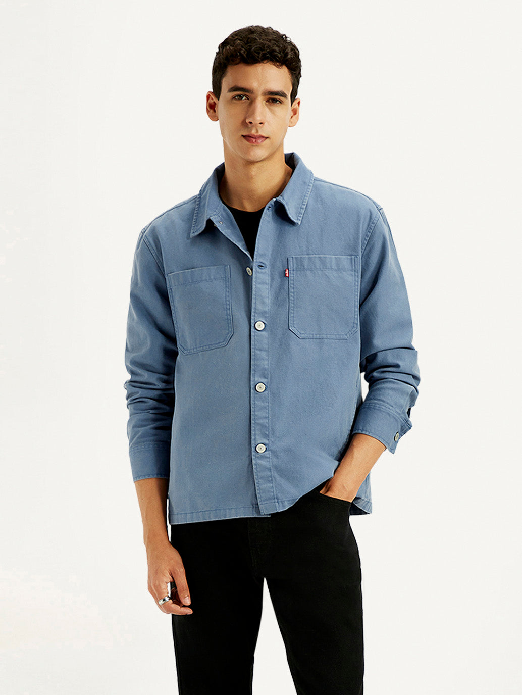 Men's Solid Blue Slim Fit Shacket