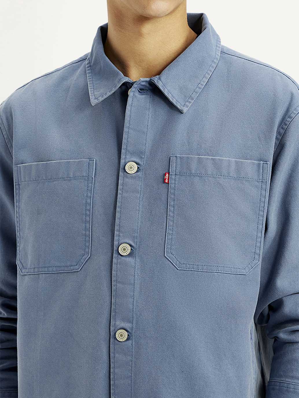 Men's Solid Blue Slim Fit Shacket