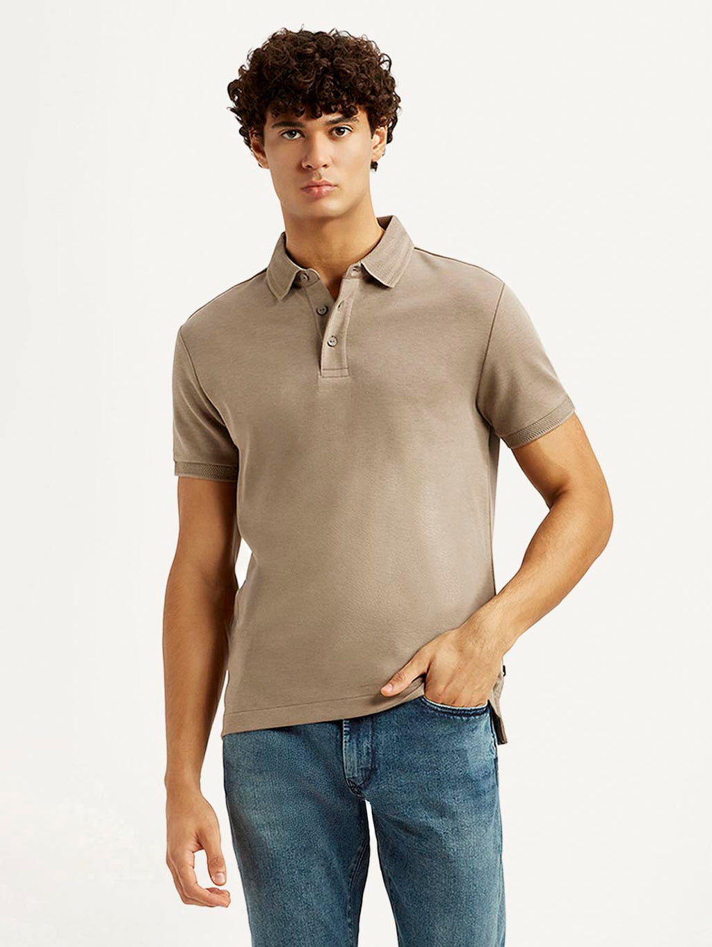 Men's Solid Beige Slim Fit Polo T-shirt