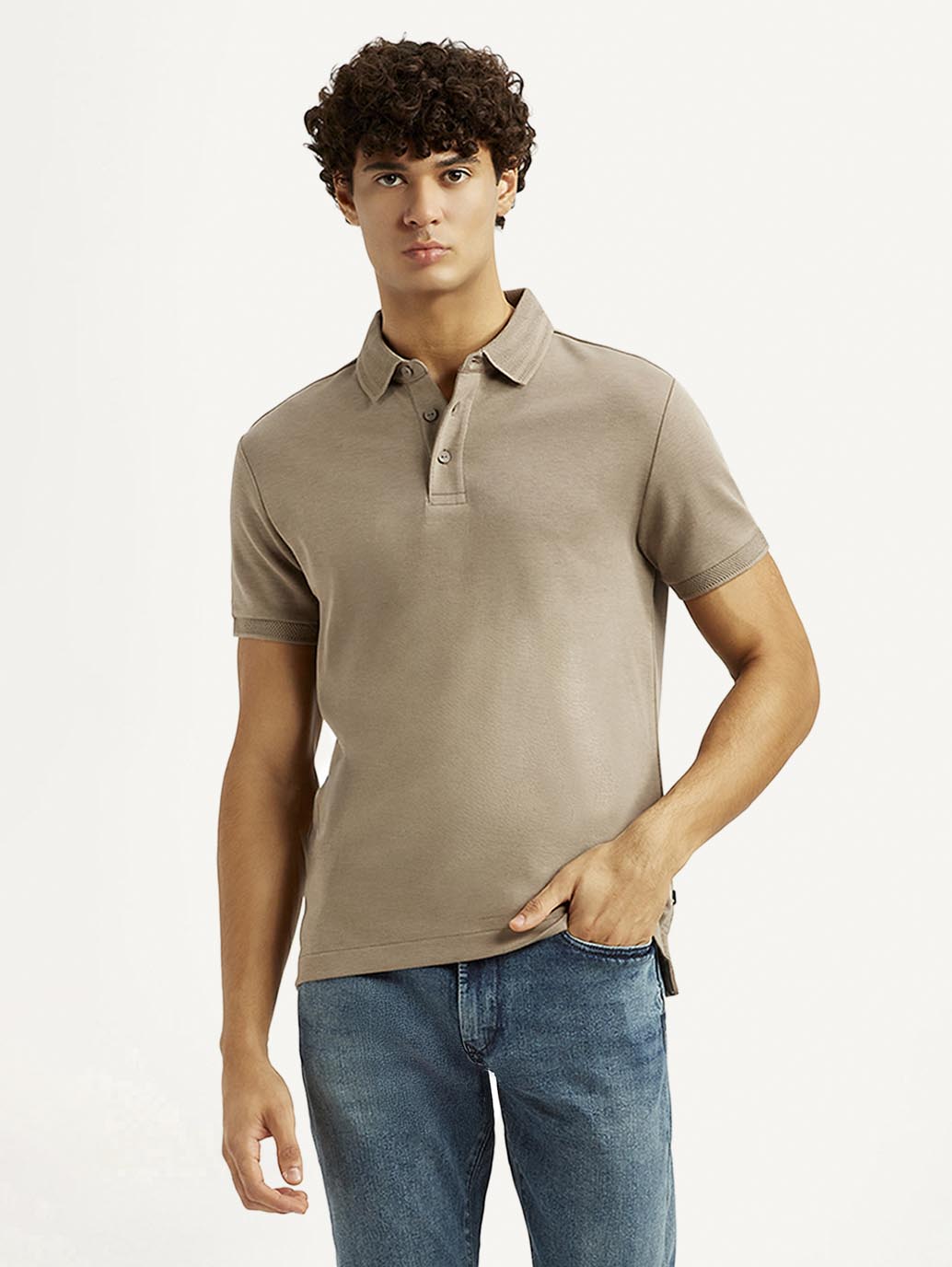 Men's Solid Beige Slim Fit Polo T-shirt