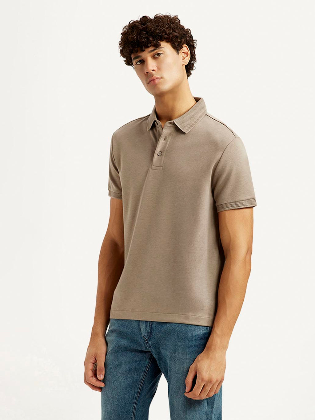 Men's Solid Beige Slim Fit Polo T-shirt
