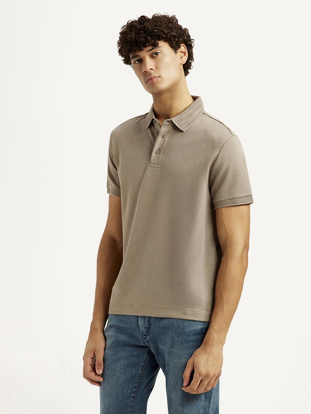 Men's Solid Beige Slim Fit Polo T-shirt