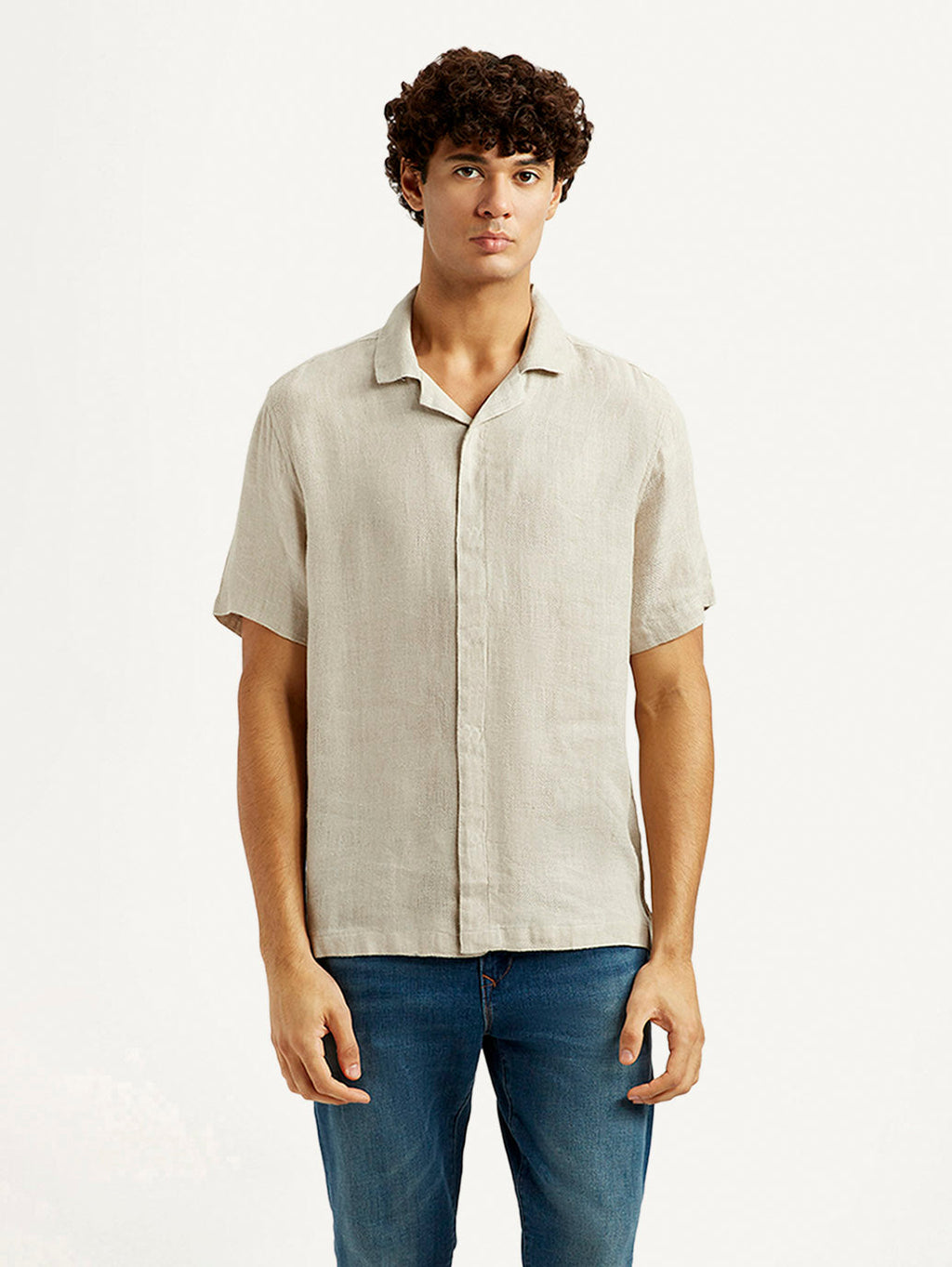 Men's Redloop Solid Beige Relaxed Fit Camp Shirt