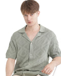 Rare Rabbit Men's Wats Dusky Green Cotton Textured Boxy Fit Half Sleeve Cuban Collar Shirt