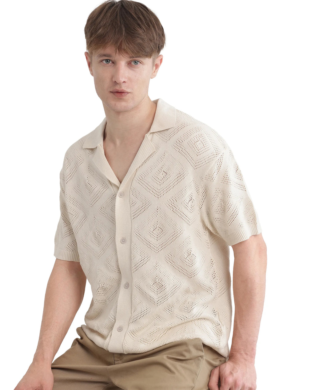 Rare Rabbit Men's Wats White Cotton Textured Boxy Fit Half Sleeve Cuban Collar Shirt
