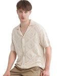 Rare Rabbit Men's Wats White Cotton Textured Boxy Fit Half Sleeve Cuban Collar Shirt
