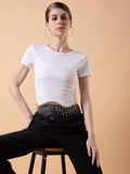 Women's White Solid Bling & Sparkly Round Neck Nylon Top