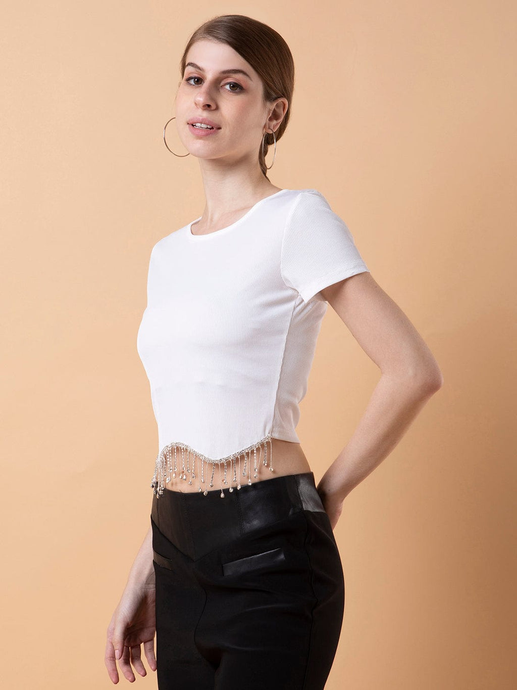 Women's White Solid Bling & Sparkly Round Neck Nylon Top