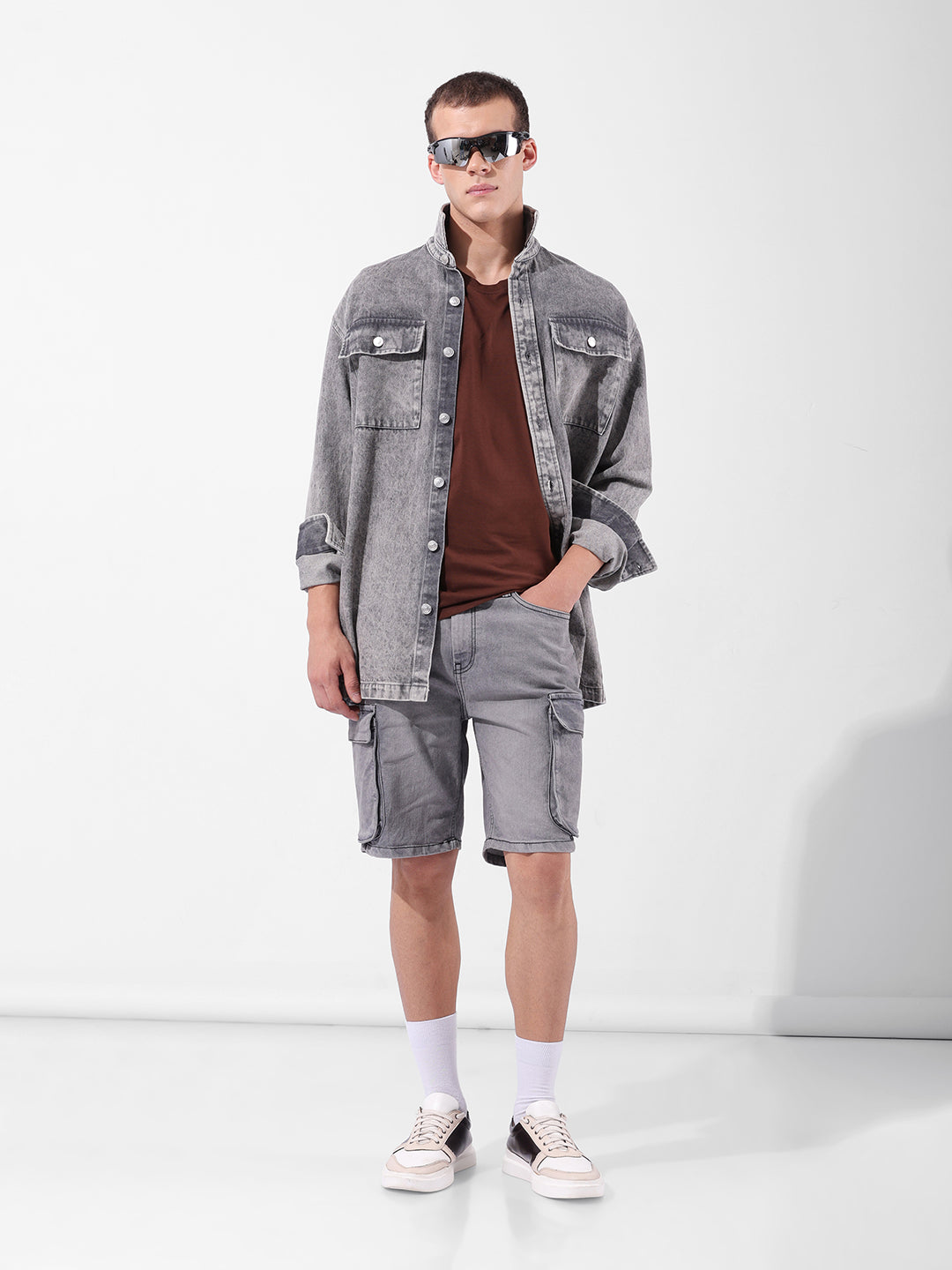 Men's Grey Relaxed Fit Printed Utility Shorts