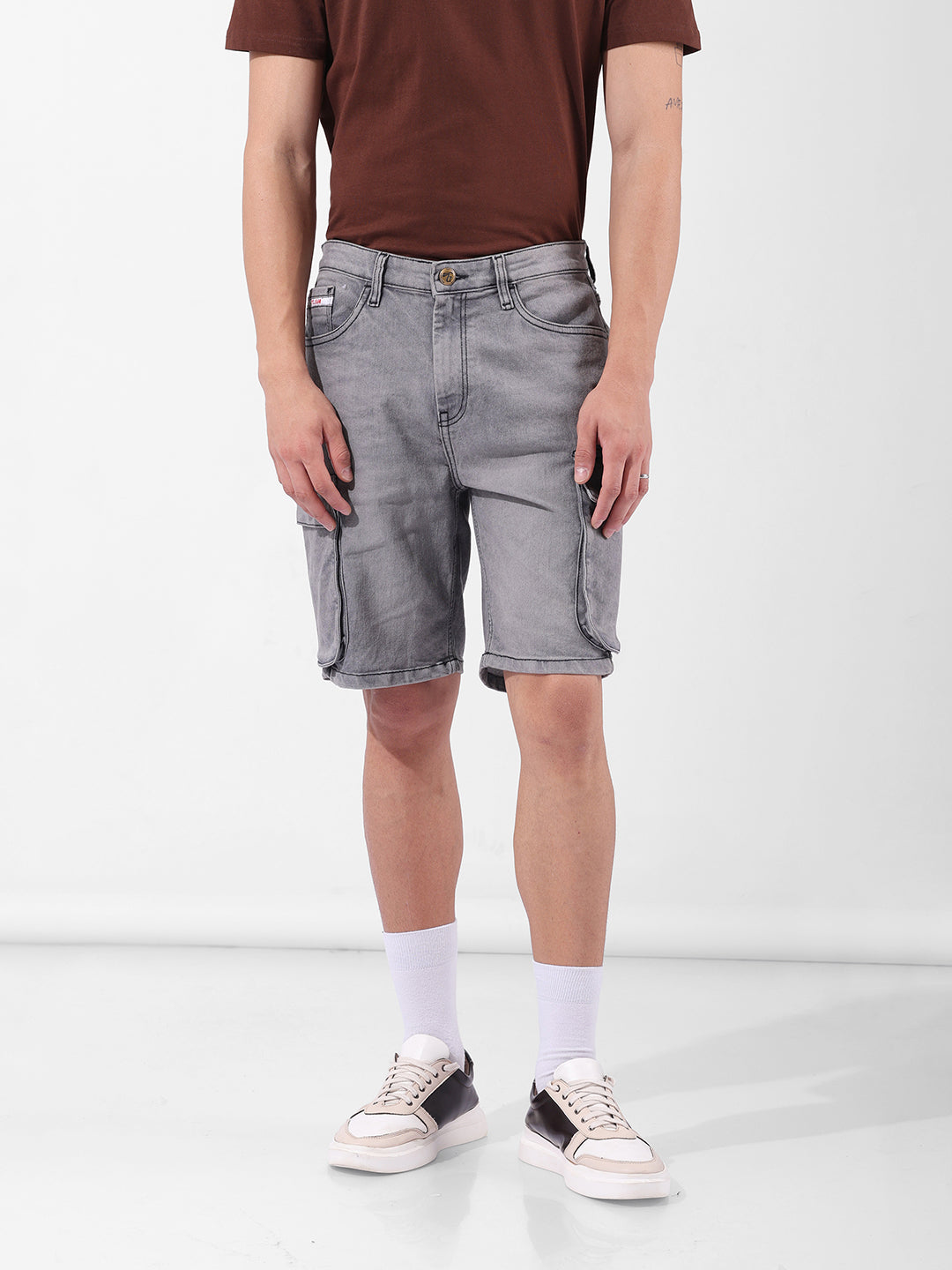 Men's Grey Relaxed Fit Printed Utility Shorts