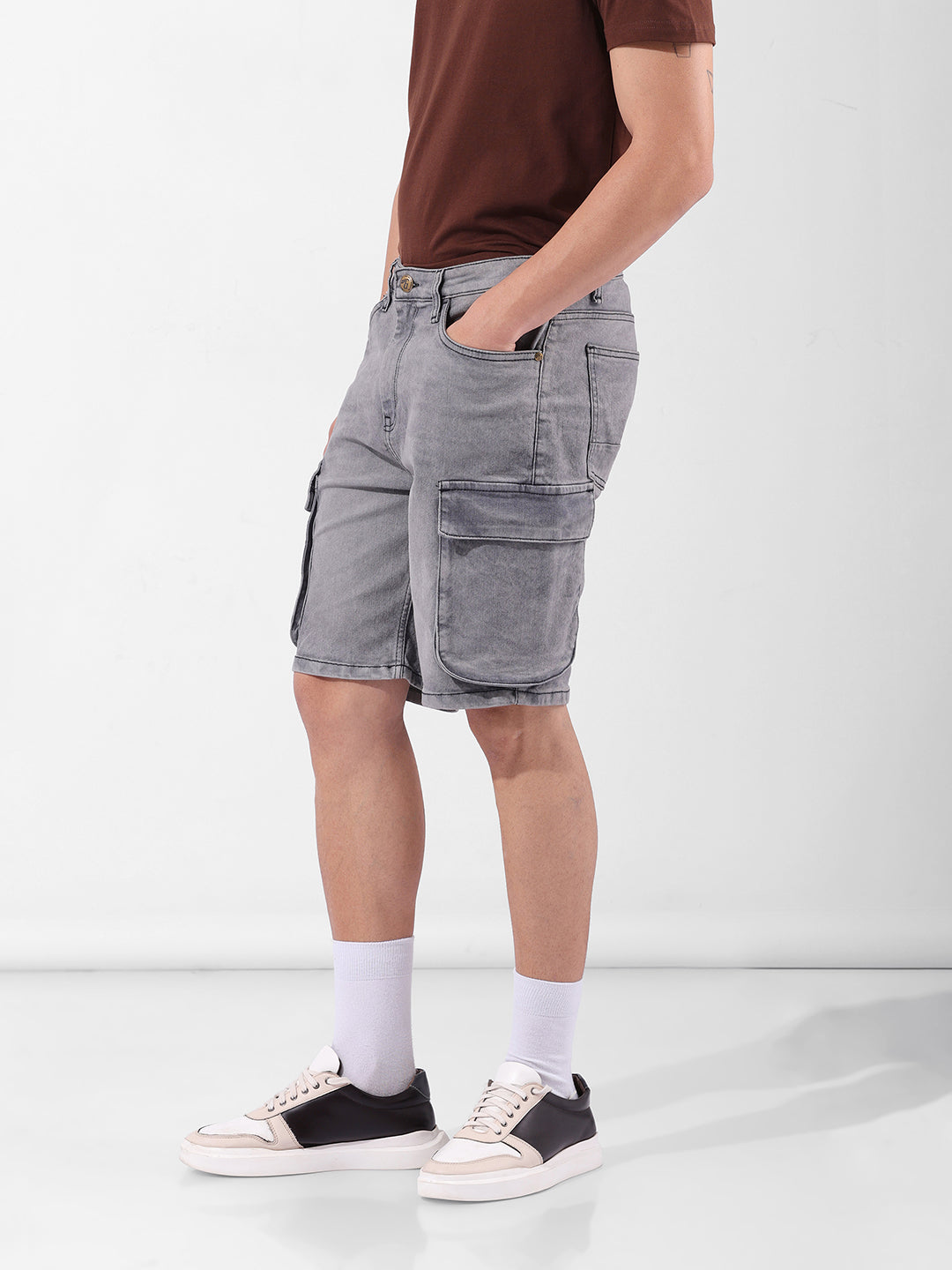 Men's Grey Relaxed Fit Printed Utility Shorts