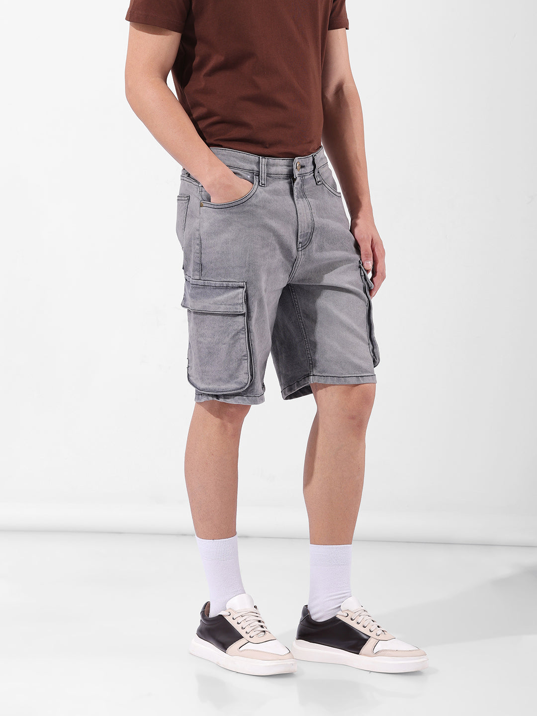 Men's Grey Relaxed Fit Printed Utility Shorts