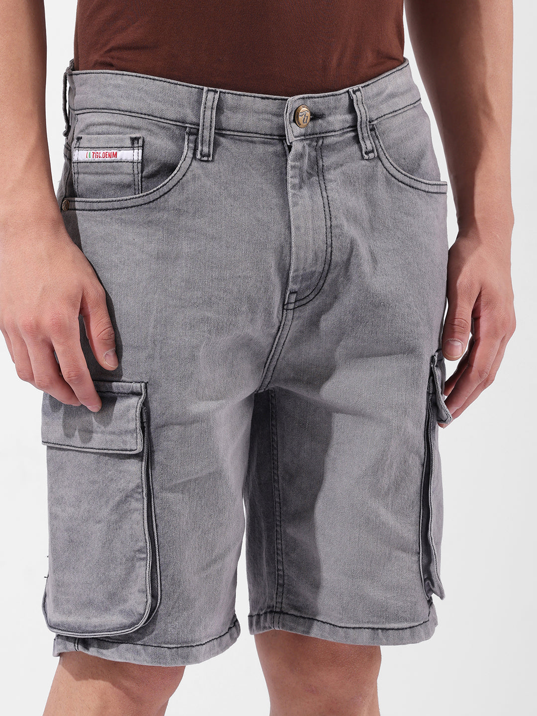 Men's Grey Relaxed Fit Printed Utility Shorts