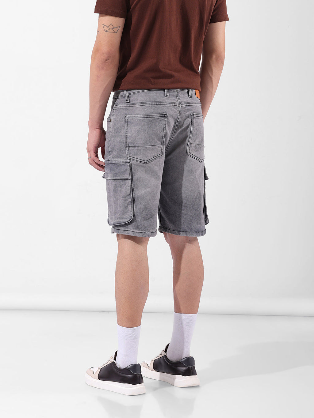 Men's Grey Relaxed Fit Printed Utility Shorts