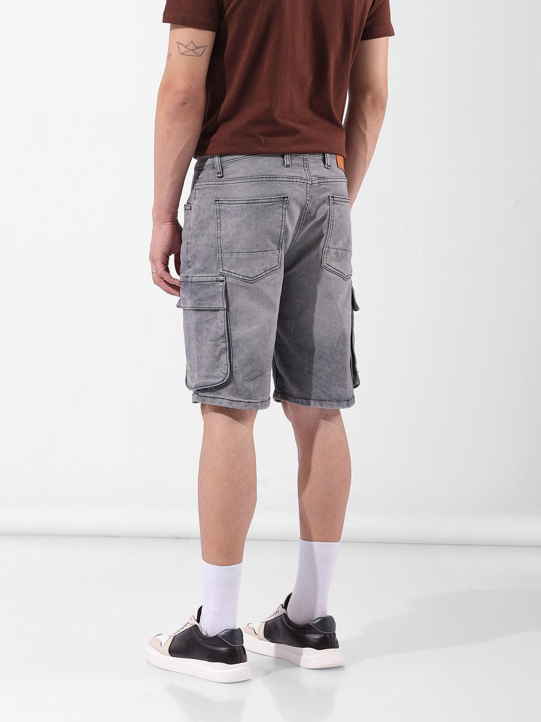 Men's Grey Relaxed Fit Printed Utility Shorts