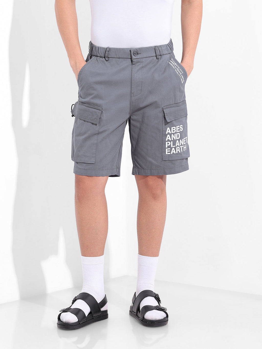Men's Stone Blue Relaxed Fit Solid Utility Shorts