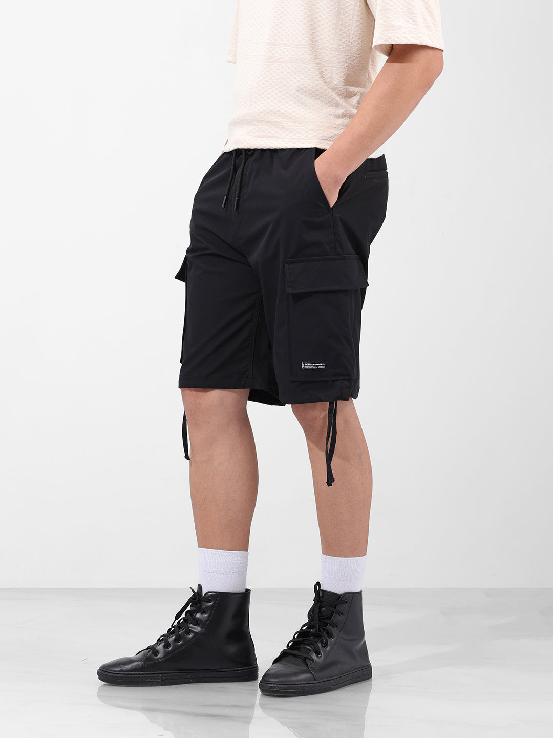 Men's Black Relaxed Fit Textured Utility Shorts