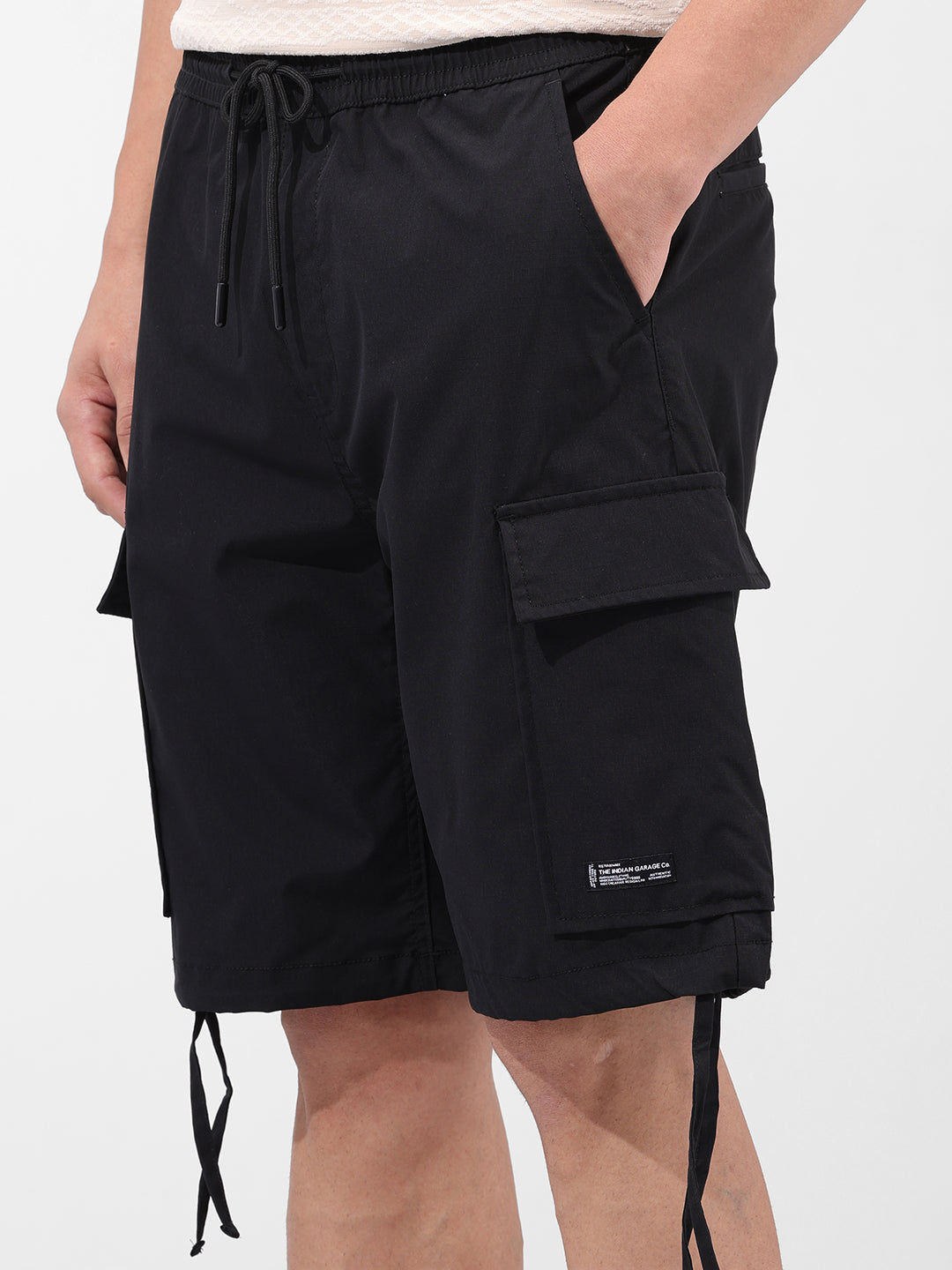 Men's Black Relaxed Fit Textured Utility Shorts