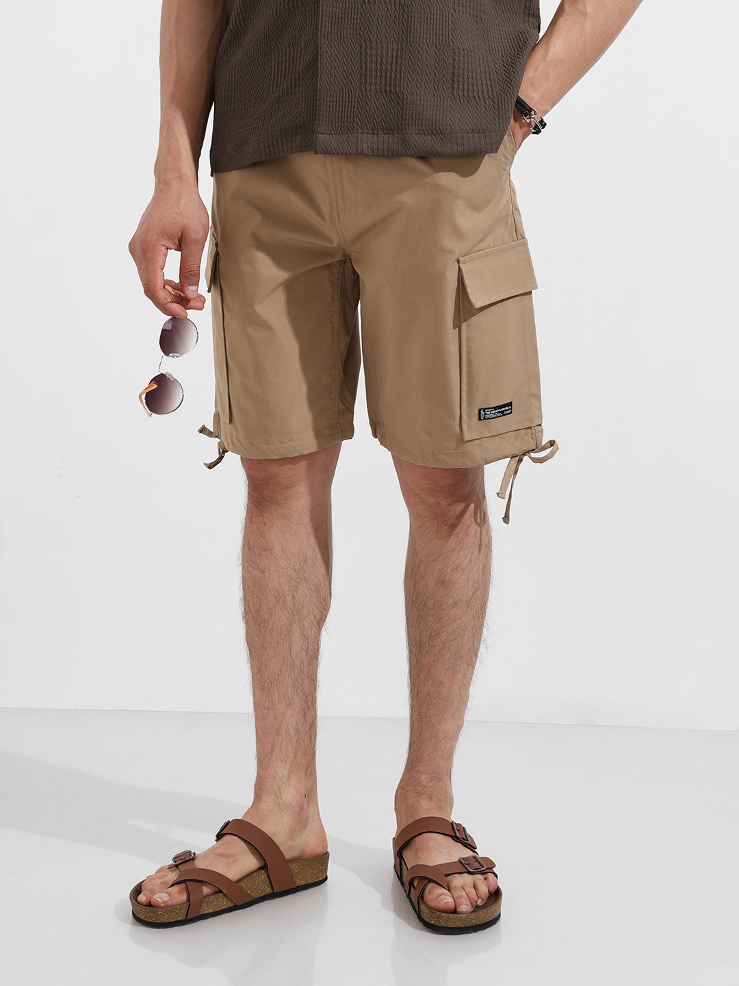 Men's Khaki Relaxed Fit Textured Utility Shorts