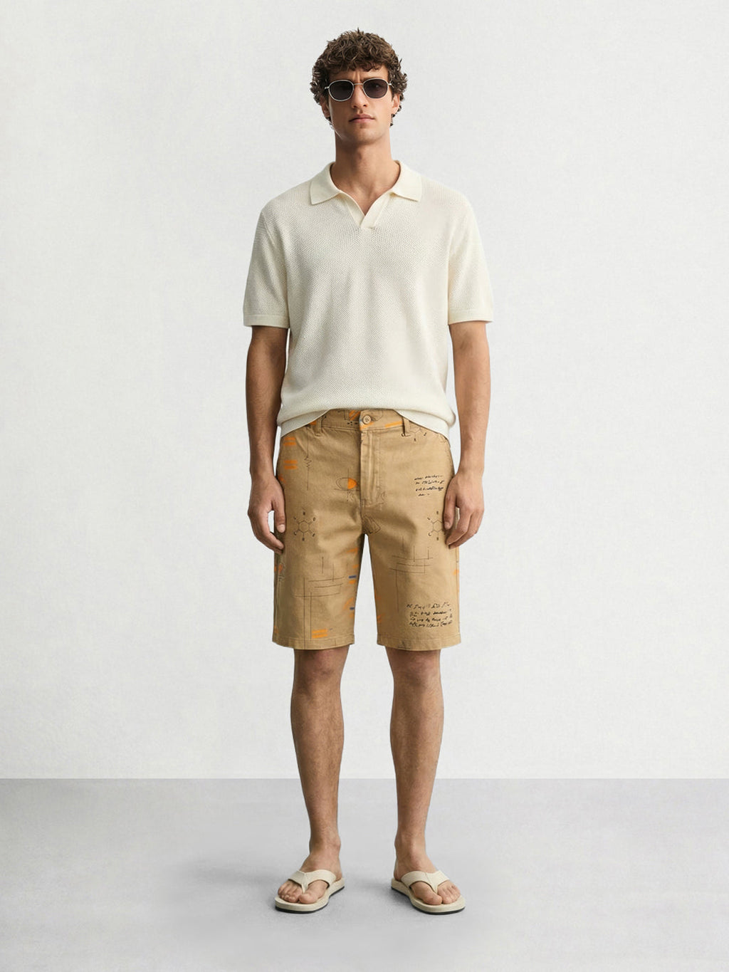 Men's Beige Slim Fit Printed Casual Shorts