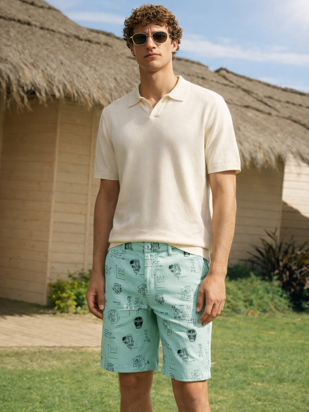 Men's Green Slim Fit Printed Casual Shorts