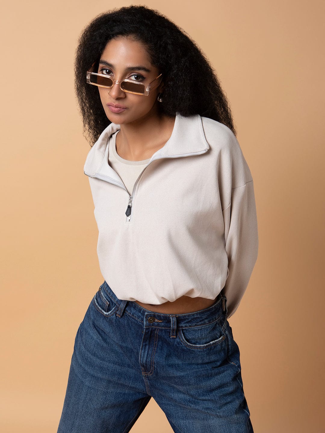 Women's Beige Solid Shirt Collar Top