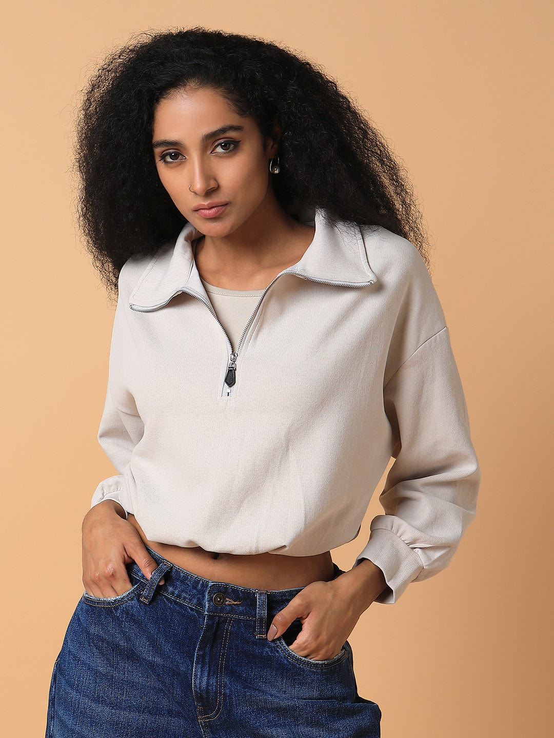 Women's Beige Solid Shirt Collar Top