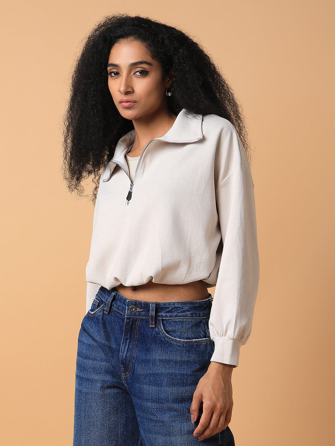 Women's Beige Solid Shirt Collar Top