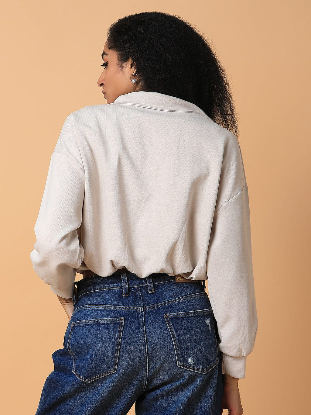 Women's Beige Solid Shirt Collar Top