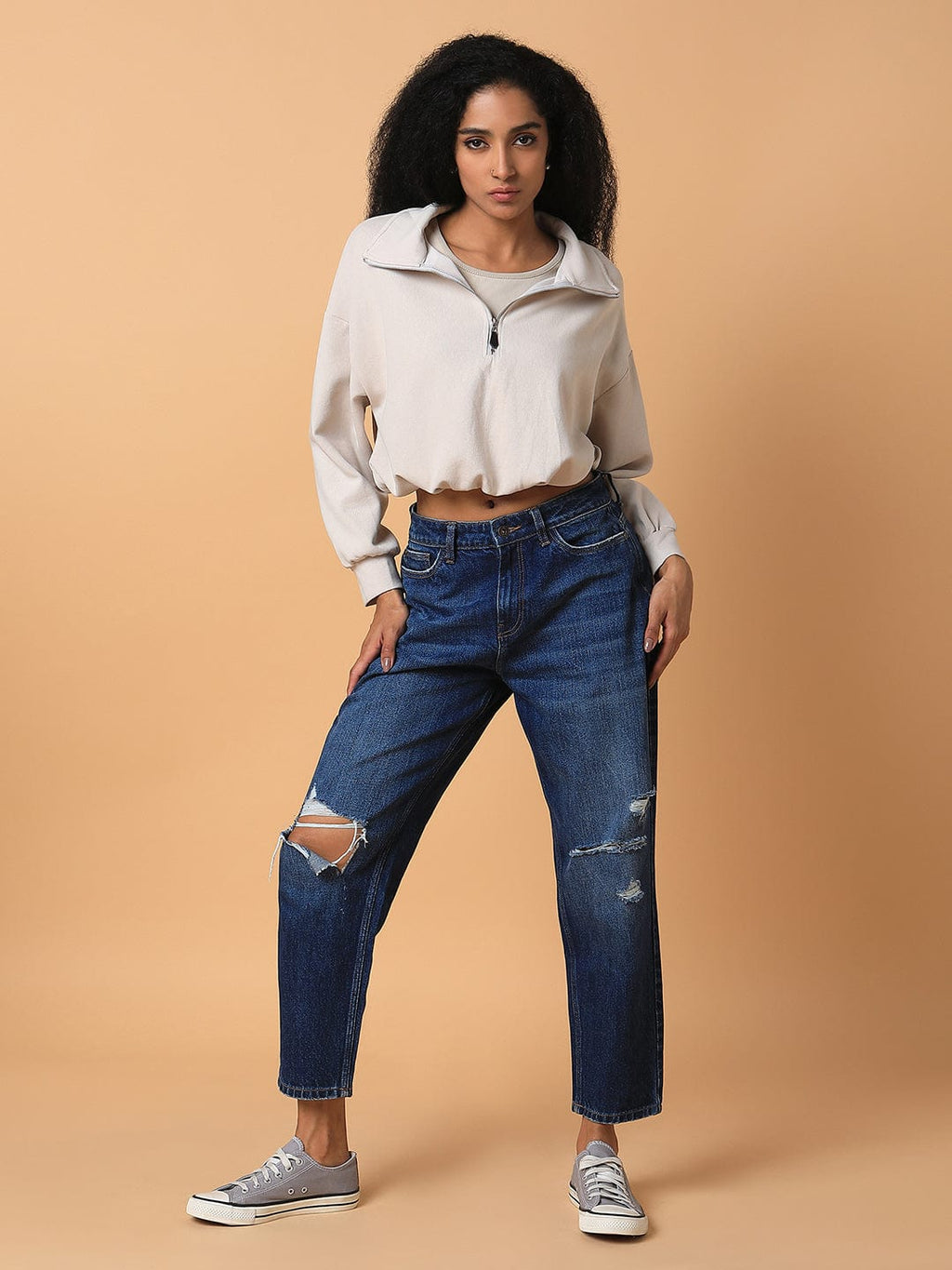 Women's Beige Solid Shirt Collar Top