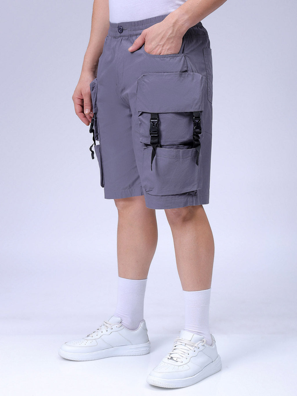 Men's Steel grey Relaxed Fit Solid Utility Shorts