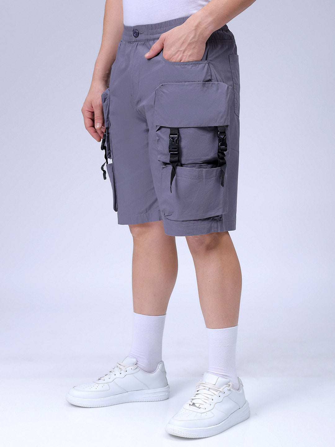 Men's Steel grey Relaxed Fit Solid Utility Shorts