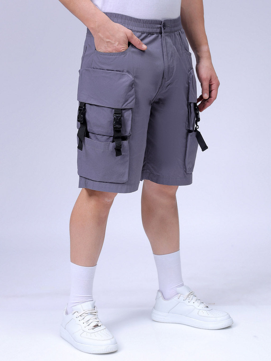 Men's Steel grey Relaxed Fit Solid Utility Shorts
