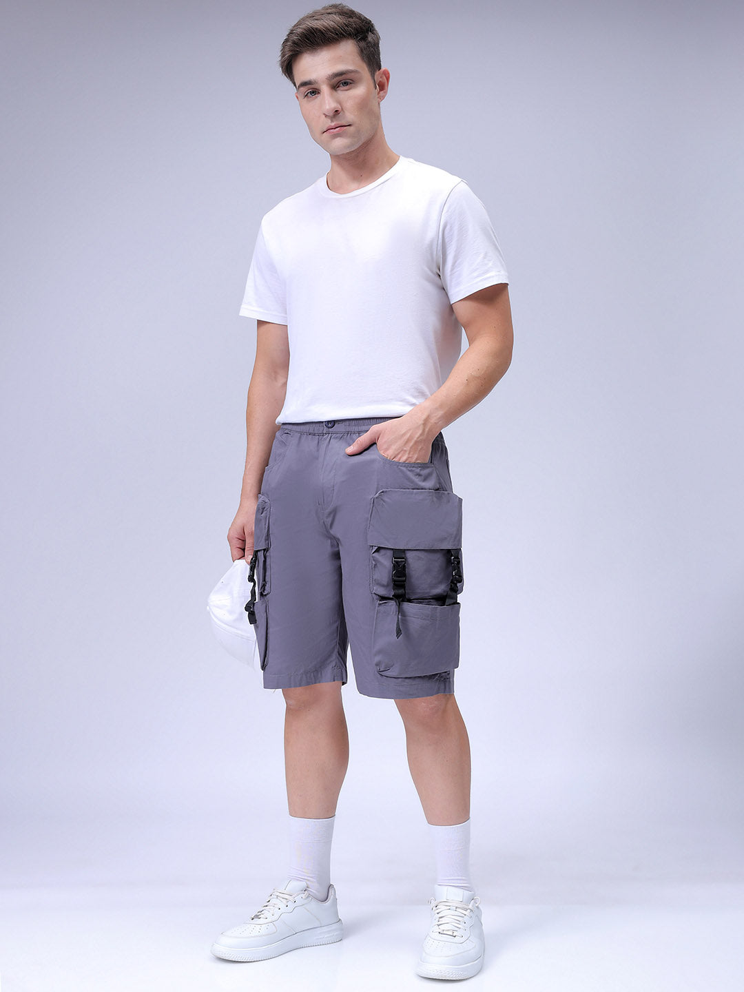 Men's Steel grey Relaxed Fit Solid Utility Shorts