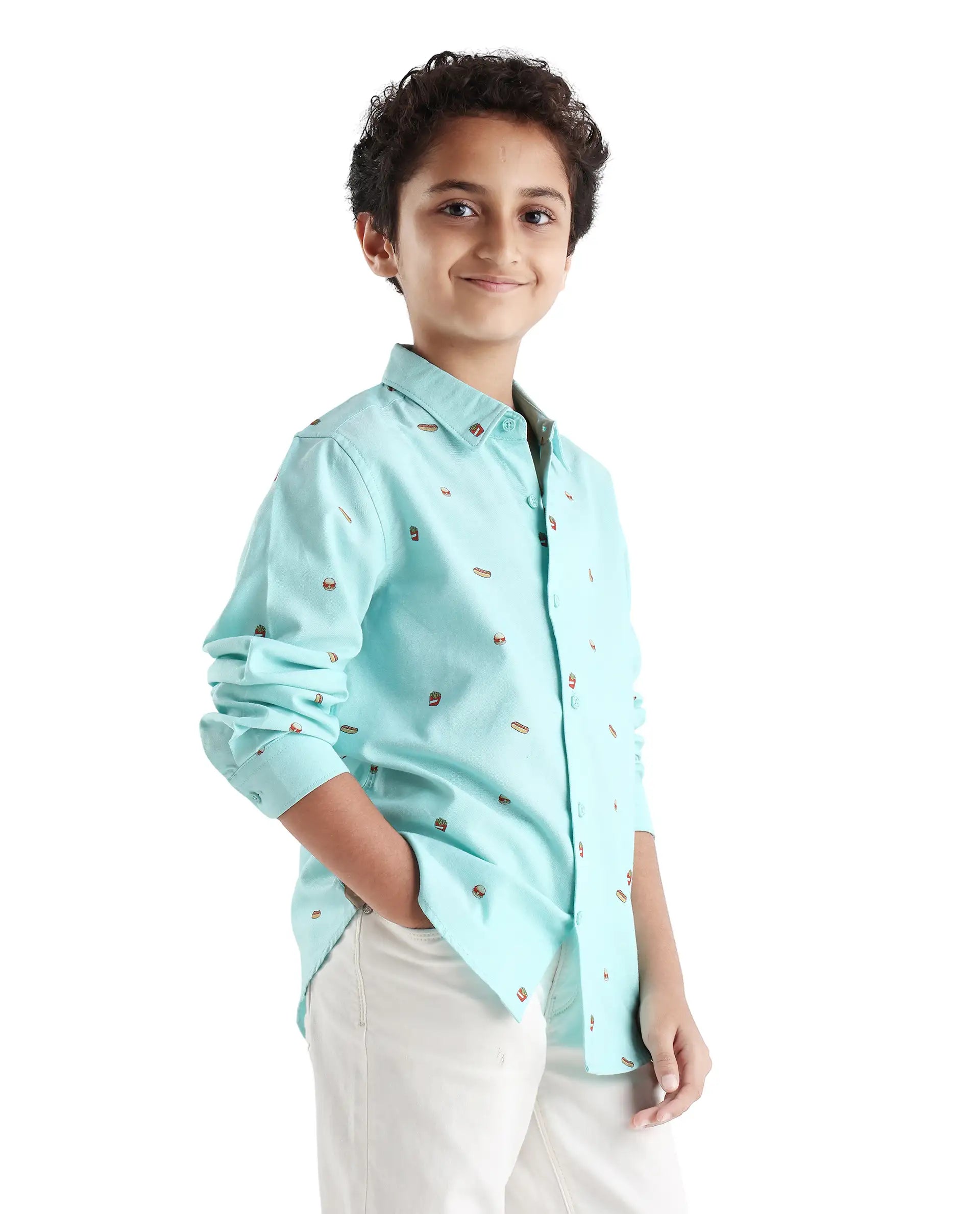 Rare Ones Kids Burg Turq Cotton Printed Button Closure Regular Fit Shirt