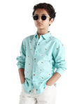Rare Ones Kids Burg Turq Cotton Printed Button Closure Regular Fit Shirt