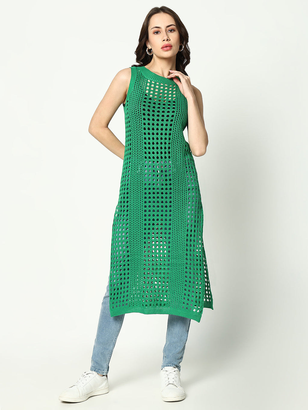 Women's Green Round Neck Sleeveless Longline Crochet Top
