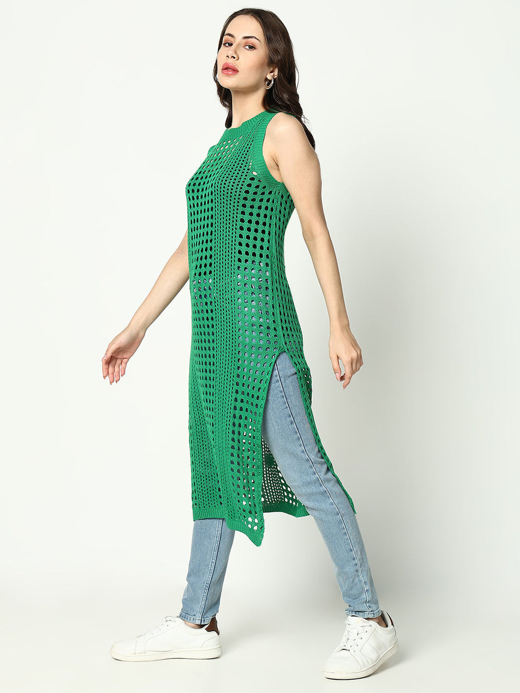 Women's Green Round Neck Sleeveless Longline Crochet Top