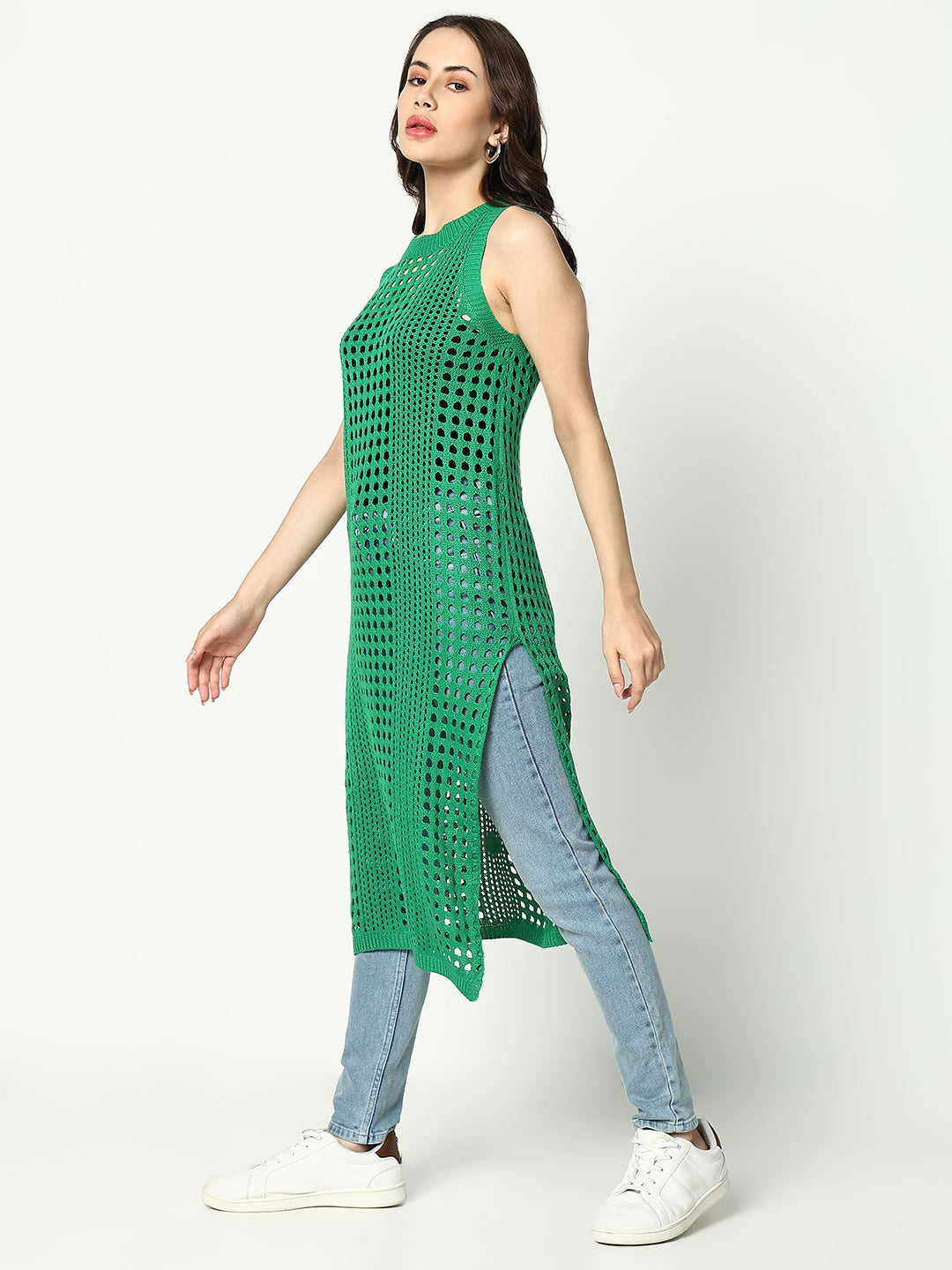 Women's Green Round Neck Sleeveless Longline Crochet Top