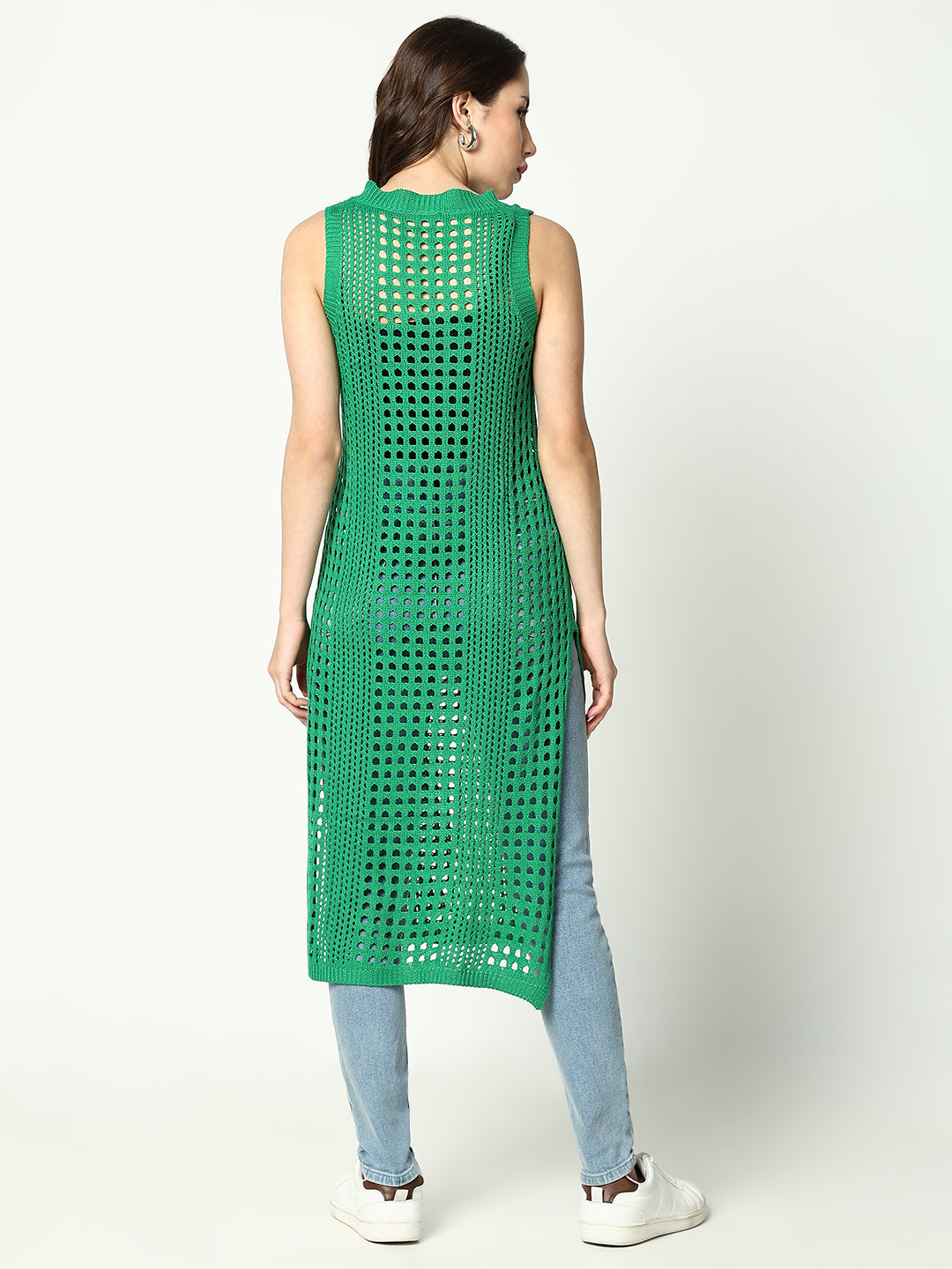 Women's Green Round Neck Sleeveless Longline Crochet Top