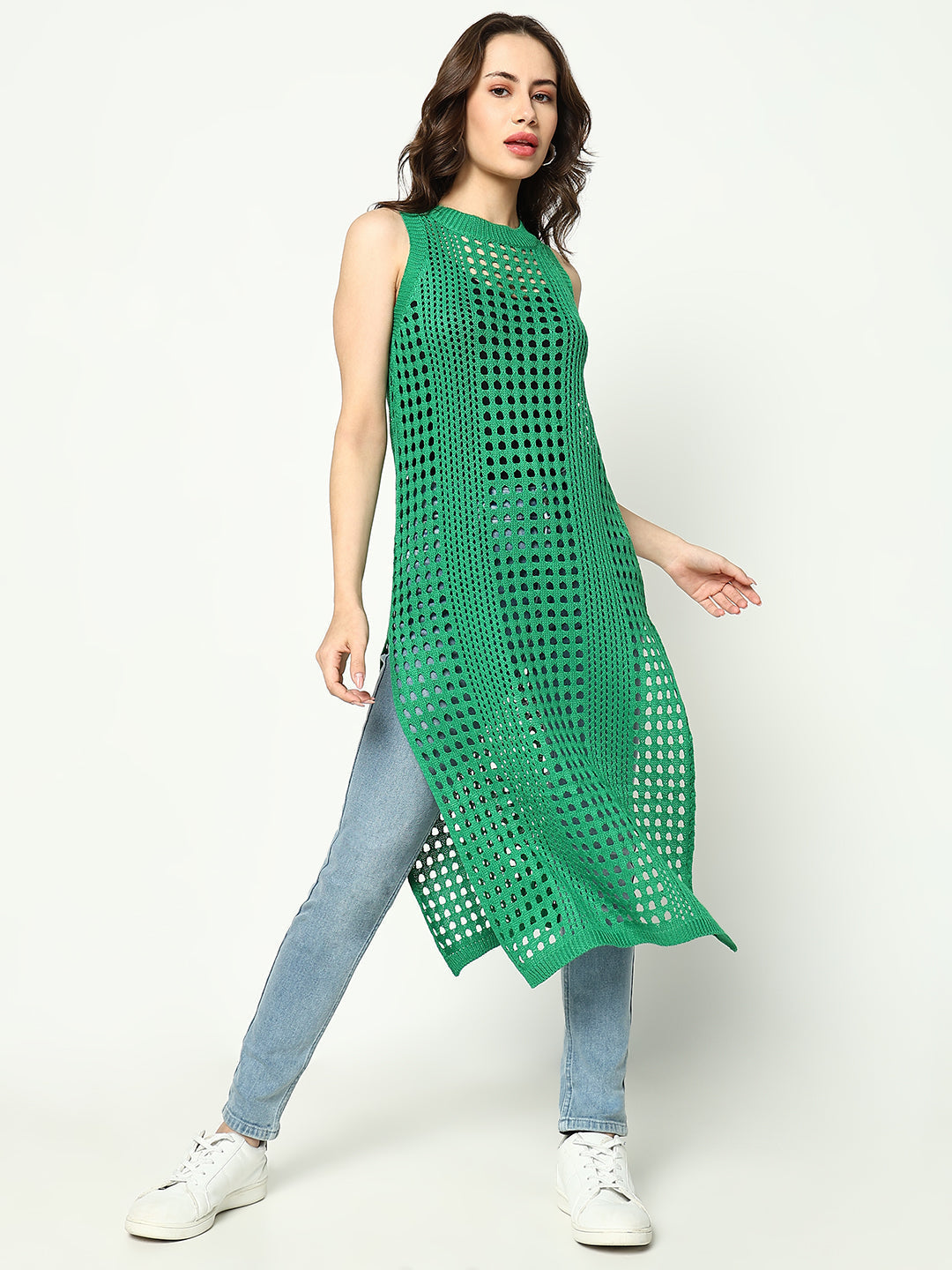 Women's Green Round Neck Sleeveless Longline Crochet Top