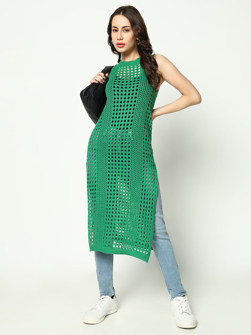 Women's Green Round Neck Sleeveless Longline Crochet Top