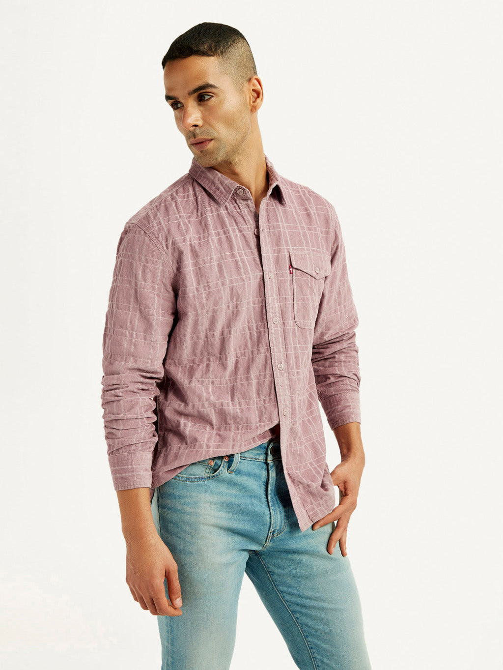 Men's Mauve Checkered Slim Fit Corduroy Shirt