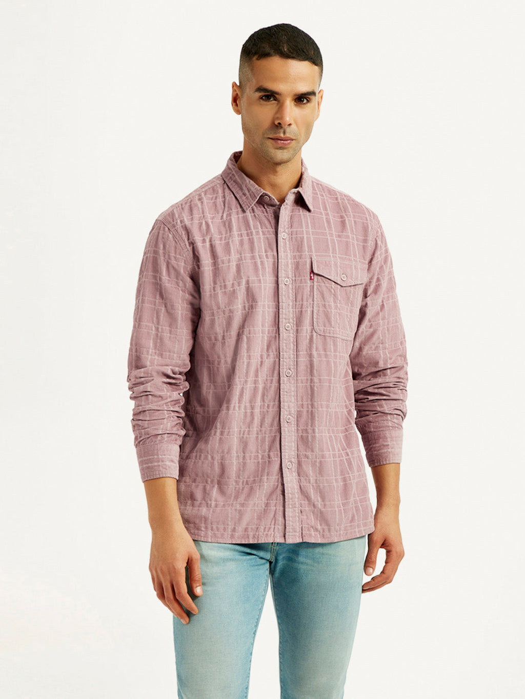 Men's Mauve Checkered Slim Fit Corduroy Shirt