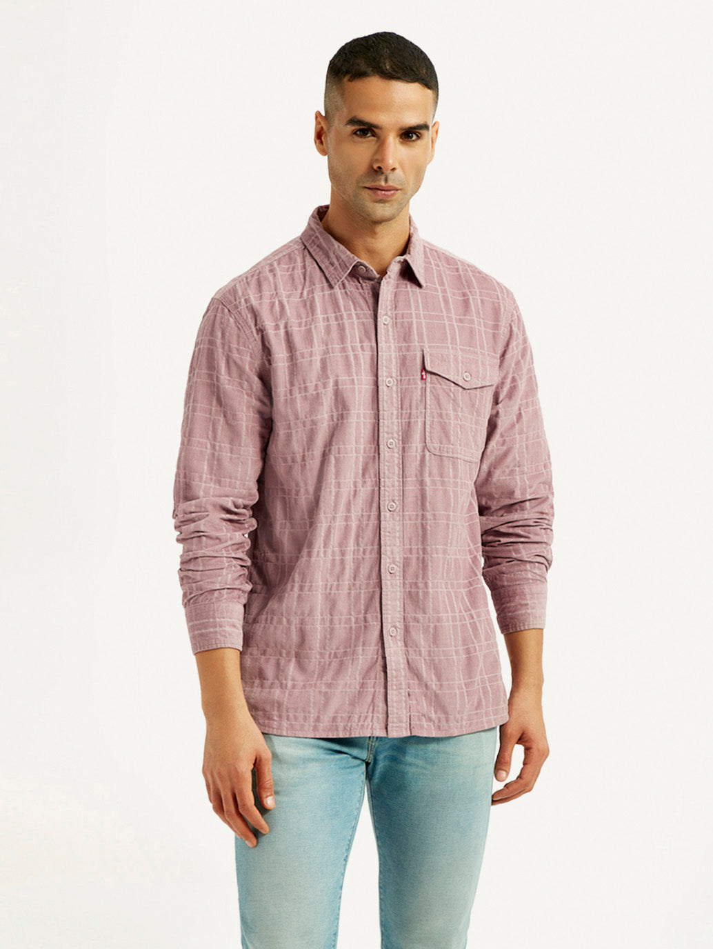 Men's Mauve Checkered Slim Fit Corduroy Shirt