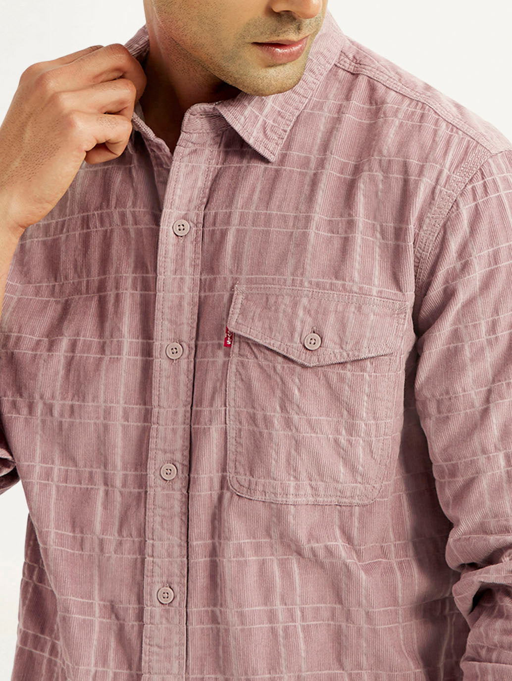 Men's Mauve Checkered Slim Fit Corduroy Shirt